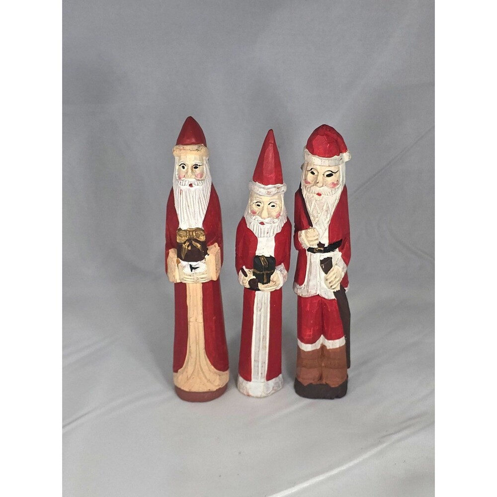 3 Vintage Hand Carved Style Wooden Pencil Santa Figures Primitve Folk Art Lot 1